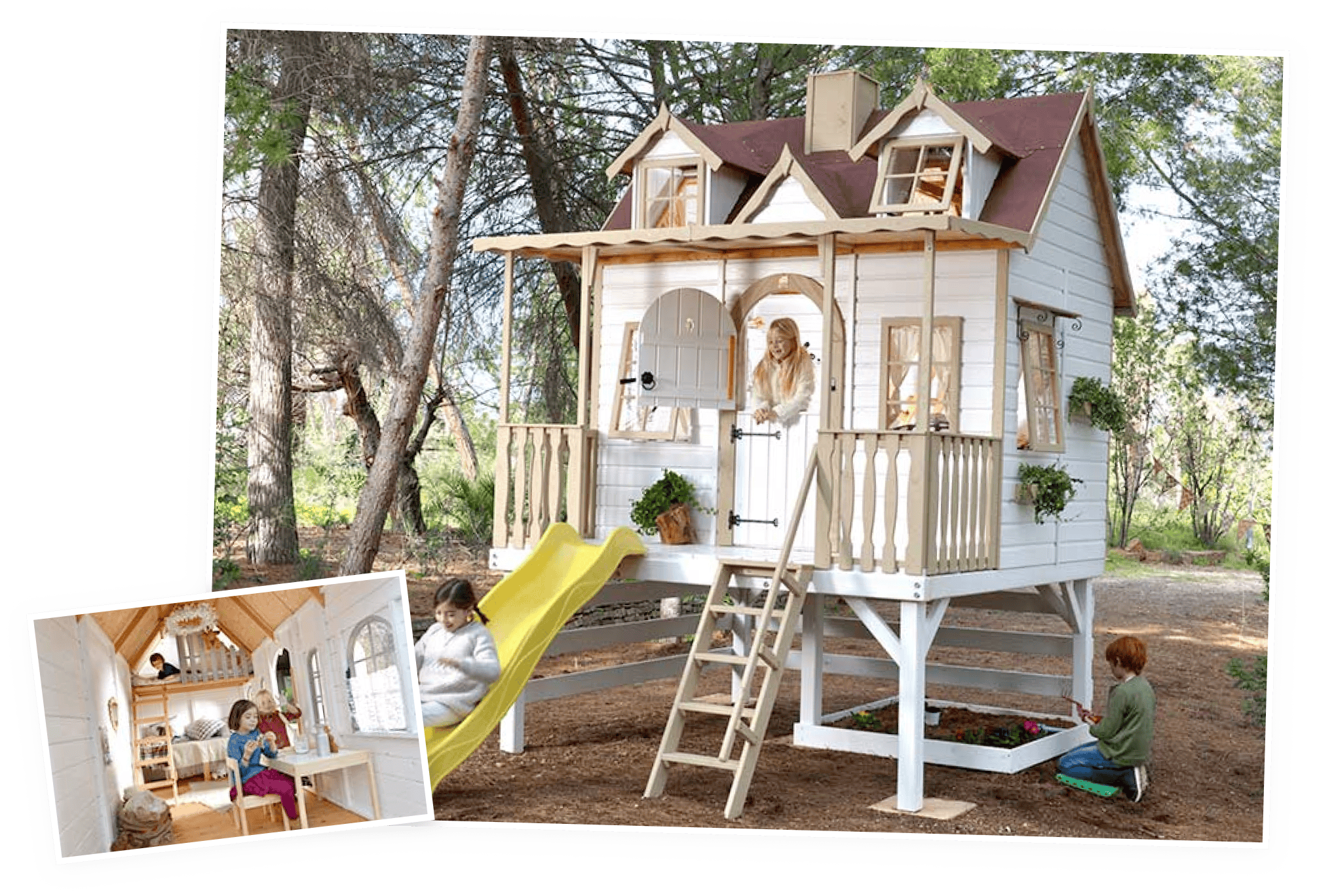 Kinder spielen in einem hölzernen Spielhaus im Freien