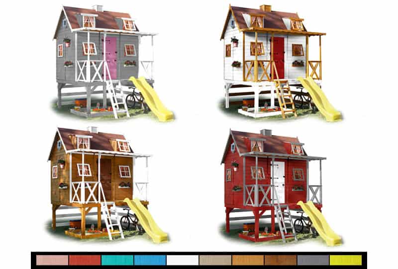 Bambini che giocano in una casetta di legno all'aperto