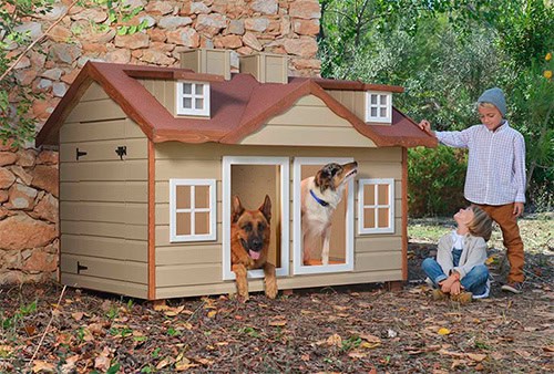 Una caseta de perros doble, con dos perros cada uno es su espacio y dos niños mirándoles.